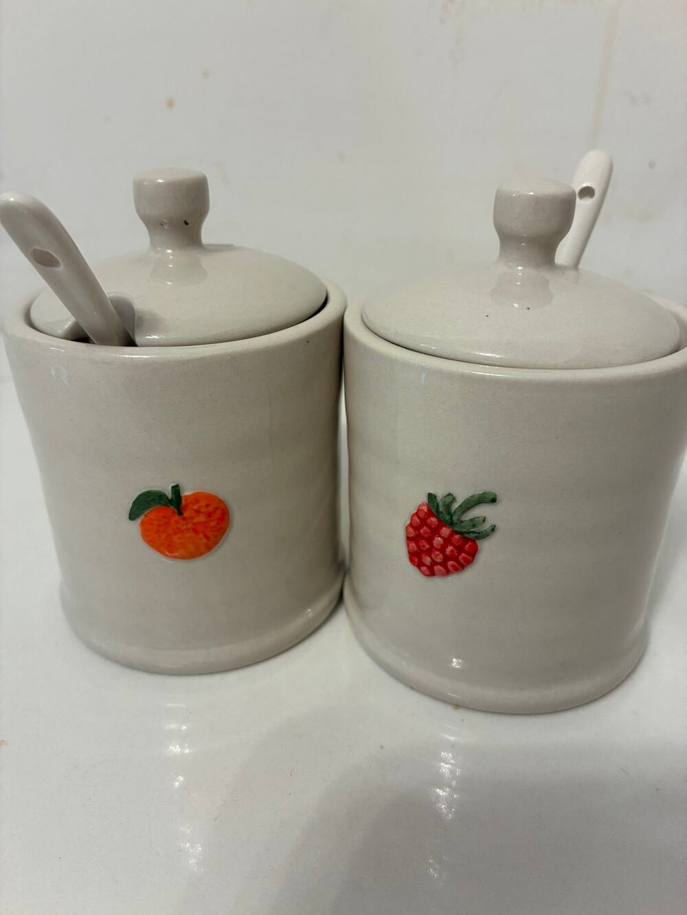 Two's Company Jam Jars Lids Spoons Ceramic Hand-Painted 2 Jars Cottage Farmhouse